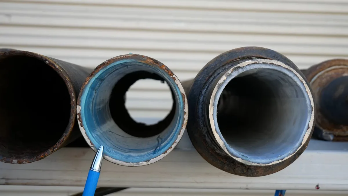 Three cut pipe ends side by side, two with white and blue linings, and a pen pointing at one.