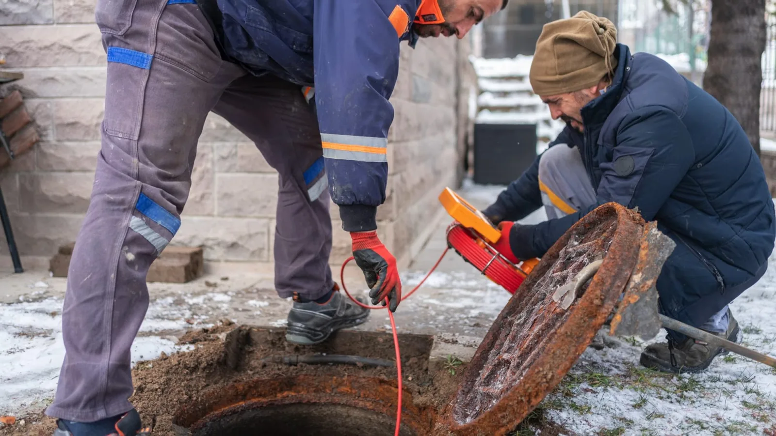 Two workers crouched at a ground-level access opening, one lifting a rusted cover while the other handles an orange camera reel, with snow on the ground.
